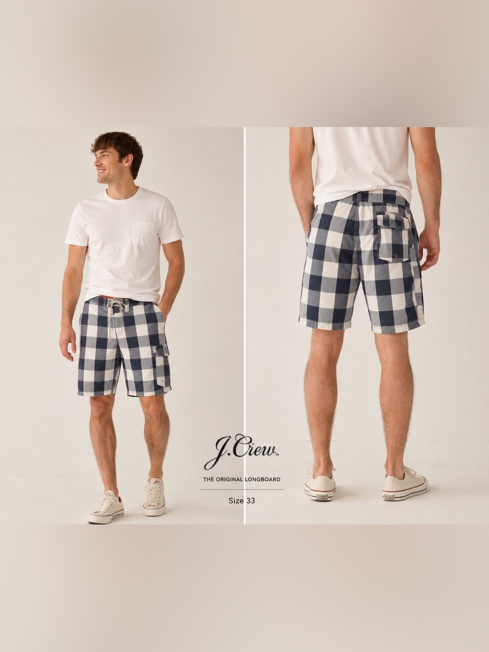 J.Crew Original Longboard Plaid Board Shorts Men’s 33 Blue White Swim Trunks